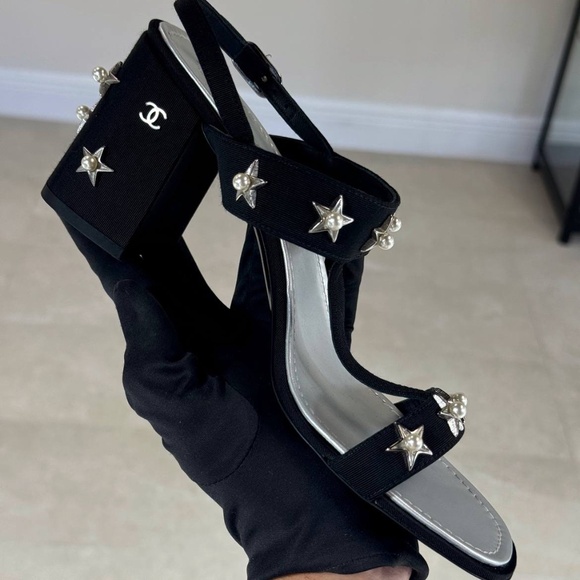 NEW Chanel Black Fabric Leather Pearl Block Heel Star Sandals Shoes - 39 - Picture 5 of 15